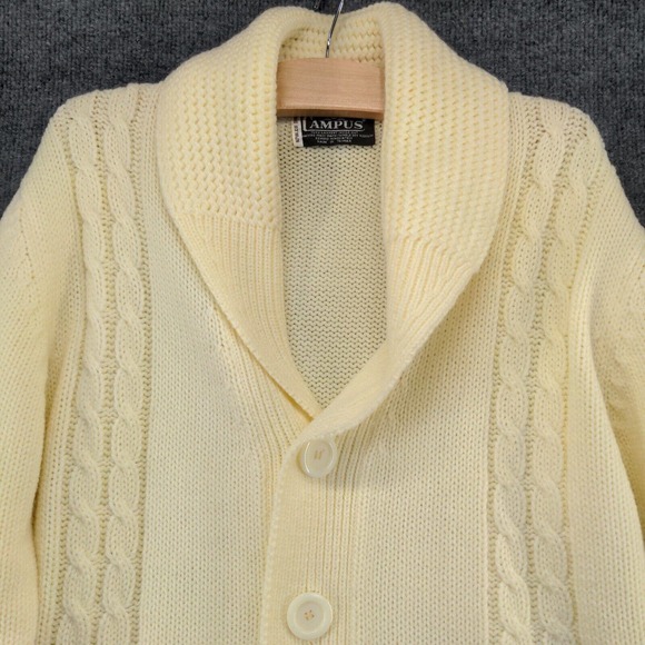 Campus Men's Button Front Cable Knit Cardigan Sweater Cream Medium Shawl Collar - Picture 3 of 11
